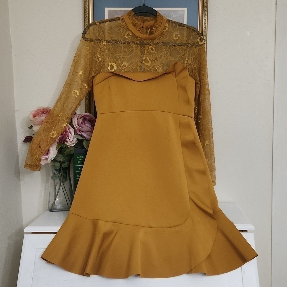 ASOS Delicate Lace & Scuba Ruffle Shift Mini Dress Fall Party Wedding Guest Glam - Picture 5 of 14